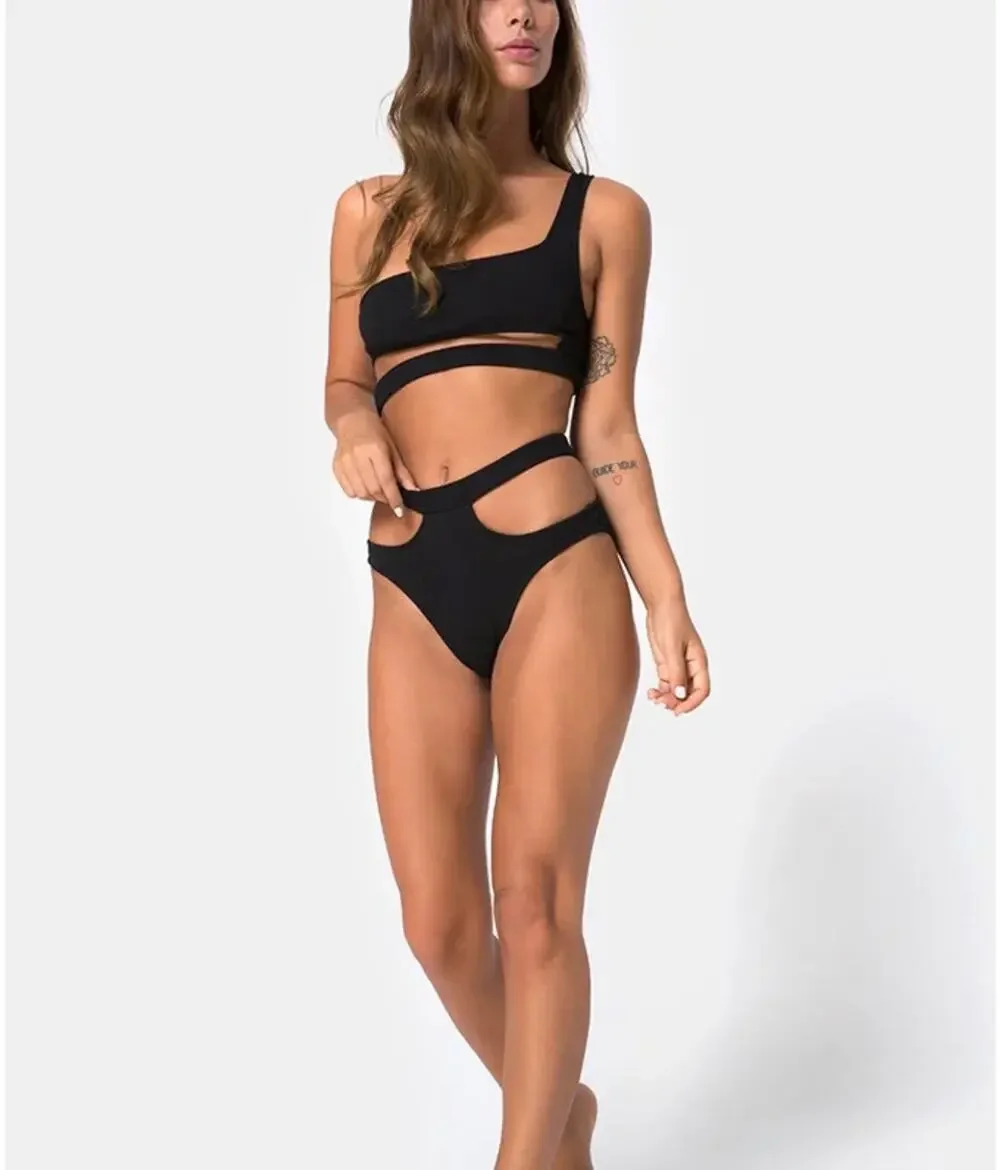 $75 NWT Motel Drelins Bikini Top & bottoms In Black Rib sz M/L